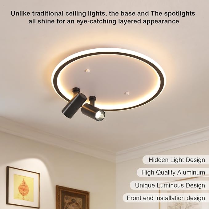 Modern LED Bedroom Ceiling Light, 2 Adjustable Spotlights, Dimmable Round Close to Ceiling Lamp, Black White Minimalist Lighting for Living Room Bedroom Kitchen Dining Room