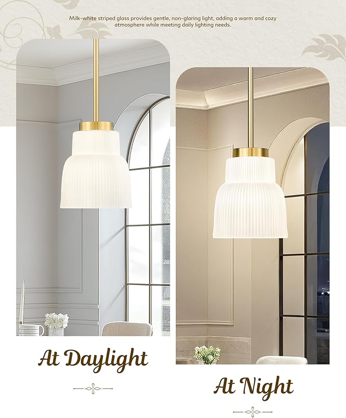 FEMILA Brushed Gold Pendant Light with Milk Glass Shade, Modern Hanging Light Fixture for Kitchen Island, Dining Room, Bar, E26 Socket, Adjustable Height, 4FYD87MIL BG