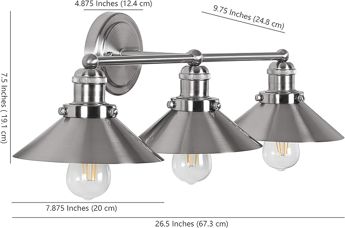 JONATHAN Y 26.5" Nickel 3-Light Industrial Farmhouse Metal Vanity Light Wall Sconce, Metal Shade for Bathroom Mirror, Kitchen, Entryway, LED Bulb Included (JYL7428B)