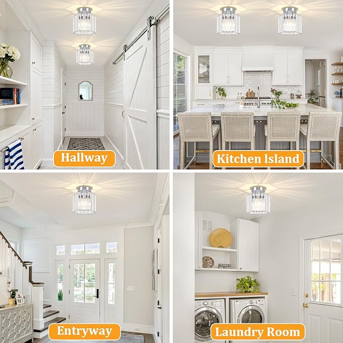 TOULMJ 2 Pack Chrome Semi Flush Mount Ceiling Light, Modern Crystal Hallway Light Fixtures Kitchen Lighting Close to Ceiling Lights for Bathroom Entryway Bedroom Foyer Laundry Room