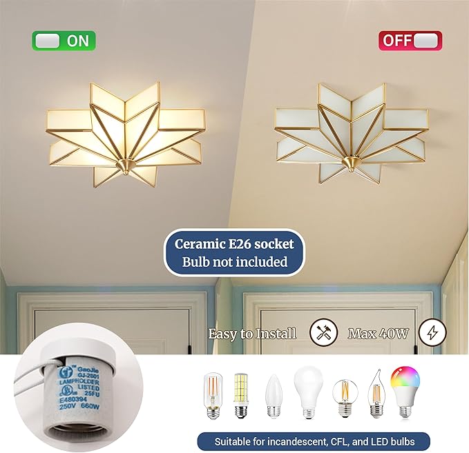 Star Glass Ceiling Light with Ceramic Light Socket Brass Flush Mount Ceiling Light Fixture with Frosted Glass Shade Mid Century Moravian Star Light for Bedroom Foyer Living Room (19.7")