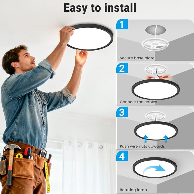 LED Flush Mount Ceiling Light,12Inch 24W,3000K/3500K/4000K/5000K/6500K 5 Color Temperatures Ceiling Light Fixture for Kitchen Porch Hallway Bedroom Bathroom and Closet,Black