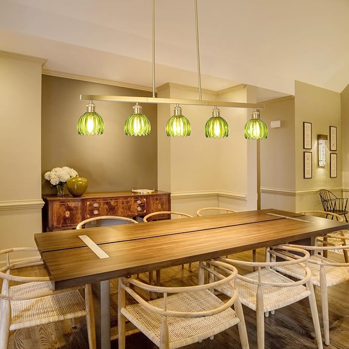 5-Lights Modern Chandeliers for Dining Room, Gold Pendant Light Fixtures with Green Flower Shade, Entryway Chandelier Pendant Lighting for kitchen island, Linear Hanging Dining Room Light Fixture