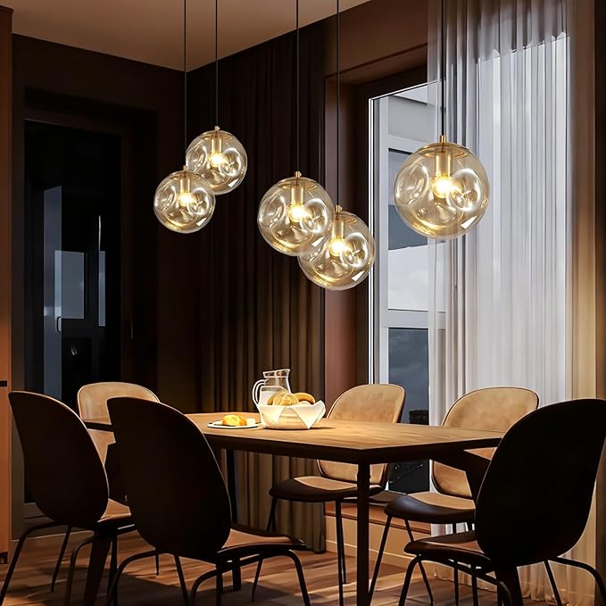 Modern Amber Concave Glass Pendant Light, Kitchen Island Lighting Single Globe Pendant Light Fixtures Century Kitchen Island Pendant Lighting for Bedroom Living Dining Room Light （Without Bulb）
