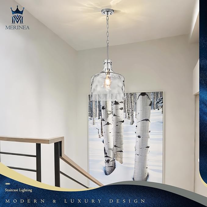 Farmhouse Pendant Light – Hand-Blown Clear Hammered Glass Shade, Chrome Finish, Adjustable Chain Hanging Fixture for Kitchen Island, Dining Room & Hallway, 15" H x 12" D