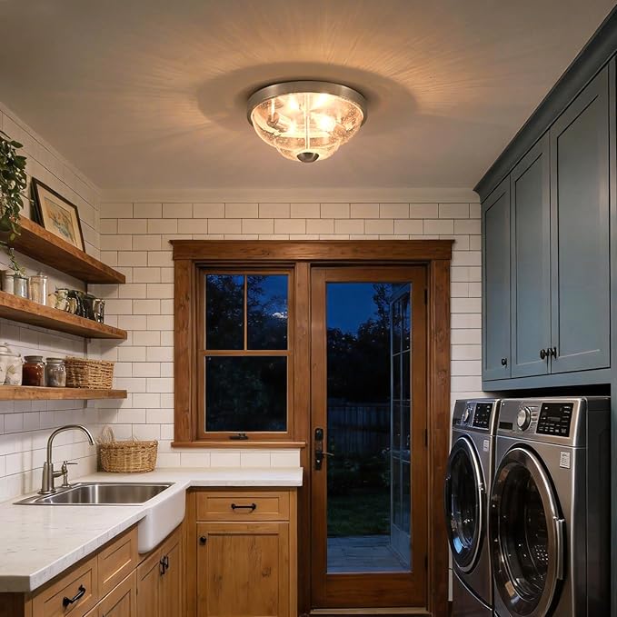 Flush Mount Ceiling Light Fixtures, 2-Light Ceiling Mount for Farmhouse with Seeded Glass Lampshade, Industrial Flush Mount Light Fixture Farmhouse for Hallway, Kitchen, Entryway,Bedroom