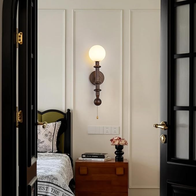 Wood Wall Sconce,Industrial Globe Wall Sconce,Modern Bedroom Vanity Wall Light fixtures with White Globe Glass Lampshade for Living Room、dinging Room