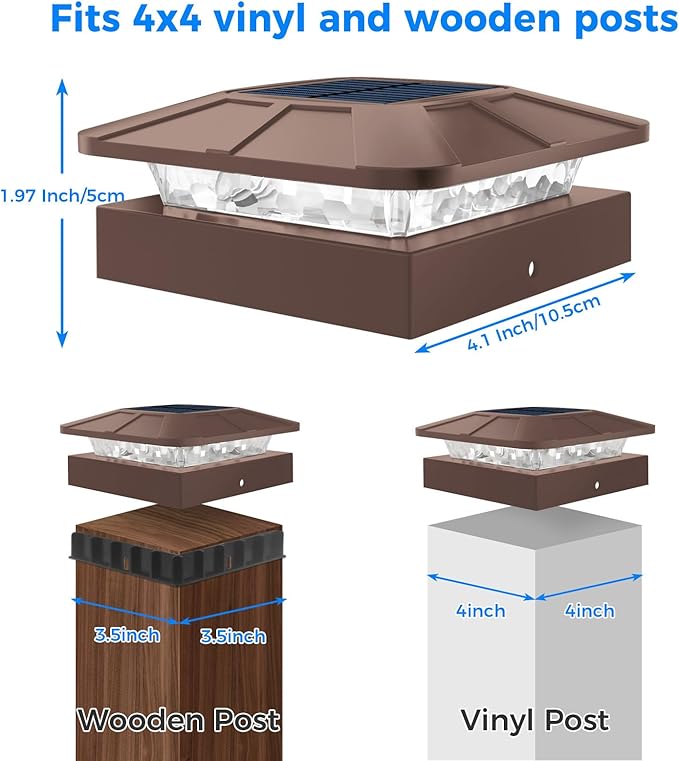 Peasur 12 Packs 4x4 Solar Post Cap Lights with 3 Lighting Modes, Brown Fence Caps Light Fits 4×4/3.5×3.5 Wood/Vinyl Posts, Waterproof Outdoor Post Top Lighting for Deck Mailbox Porch Railing