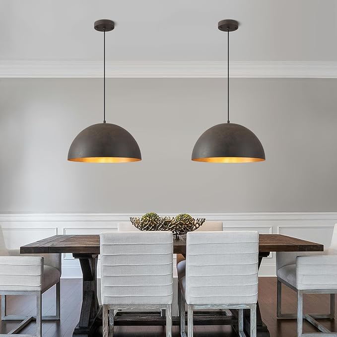 Farmhouse Pendant Light,15.7" Black with Brown Grain Industrial Dome Light Fixture,Adjustable Vintage Chandelier for Kitchen Island,Dining Room,and Bedroom