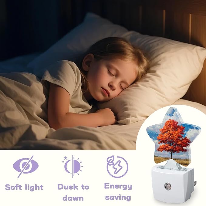 Maple Tree Decorative Nightlight Plug in Wall,Red Leaves Star Shaped Night Light with Built in Sensor for Home Decor,Kitchen Hallway Stairs Desk Lamp