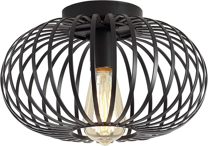 Fivess Lighting Modern Black Flush Mount Light Fixture Industrial Metal Cage Semi Flush Mount Ceiling Light for Hallway Living Room Kitchen Entryway Farmhouse