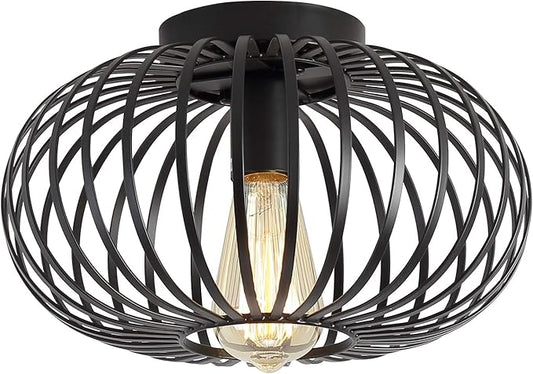 Fivess Lighting Modern Black Flush Mount Light Fixture Industrial Metal Cage Semi Flush Mount Ceiling Light for Hallway Living Room Kitchen Entryway Farmhouse