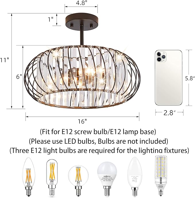 Semi Flush Mount Crystal Ceiling Light, 3-Light 16 Inch Metal Cage Hallway Ceiling Lamps, Farmhouse Ceiling Light Fixture, Industrial Crystal Chandelier for Corridor Bathroom Kitchen (E12 Base)