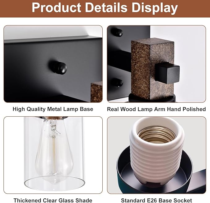 Rustic Wall Sconces,Hardwired 1-Light Brown Wood Farmhouse Sconce with Clear Glass Cylinder Shade,Matte Black Metal Wall Light,E26 Indoor Bathroom Vanity Fixture for Mirror,Bedroom,Hallway