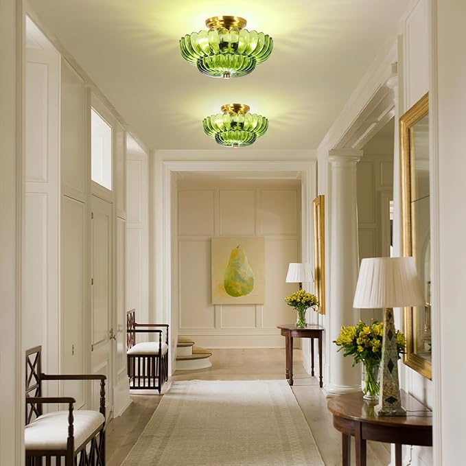 Semi Flush Mount Ceiling Light Fixture Vinatge Gold Ceiling Lights Mid Century Modern Green Glass Close to Ceiling Lighting Fixtures for Bedroom Hallway Foyer Bathroom Kitchen Laundry Room Nursery