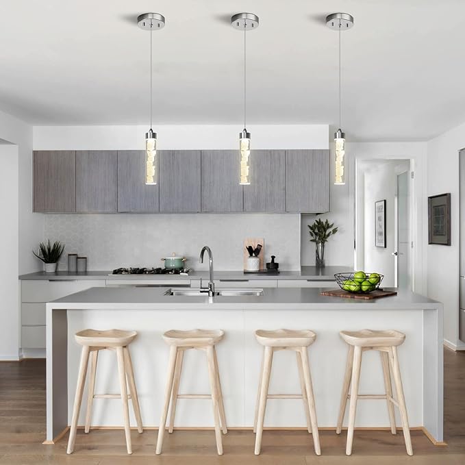 Pendant Lights Kitchen Island, Modern Mini Pendant Light Fixtures with Crystal Stone, Dimmable LED Chandelier, Chrome Hanging Light Fixture for Dining Room Hallway, 3000K/4000K/5000K Adjustable, ETL