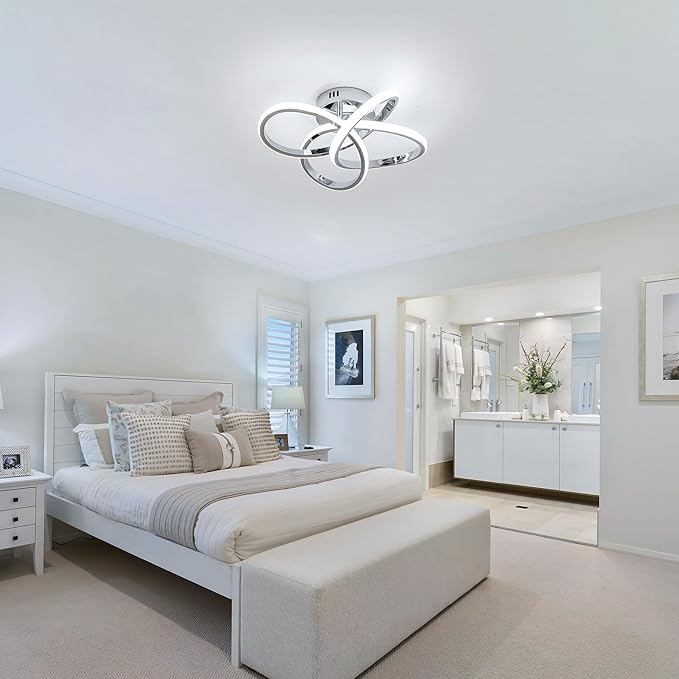 Modern LED Ceiling Light with Remote Control, Stepless Dimming, 3000-6000K Selectable, 36W, Dimmable LED Chandelier for Bedroom, Bathroom, Entryway, Hallway, Chrome Finish