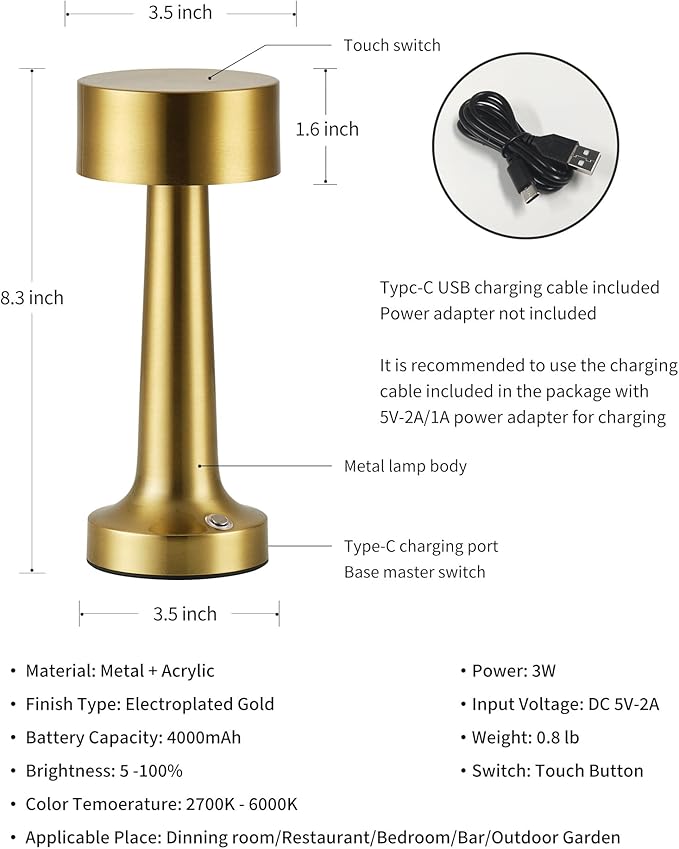 PUSU LED Cordless Small Table Lamps Set of 2, Gold Portable Rechargeable 4000mAh Battery Operated Desk Lamp, 3 Color Stepless Dimming Touch Light for Bedroom, Bedside, Dining Table, Bar, Kids Reading