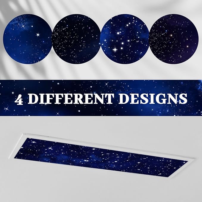 4 Pcs 1 x 4 Feet Fluorescent Lights Covers Magnetic Ceiling Light Cover with 8 Magnets Fluorescent Light Filters for School Classroom Home Drop Lamp Decor (Starry Sky)