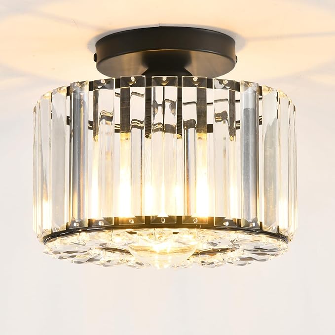 Crystal Ceiling Light, Semi Flush Mount Ceiling Light Black Crystal Chandelier for Bedroom Kitchen Hallway Entrance Balcony Dining Rooms Living Rooms Bar
