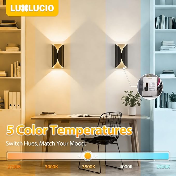 Black & Gold Aluminum LED Wall Sconces, IP65 Waterproof Indoor Outdoor Wall Lights, 1200LM 12W 120V CRI90+ 2700K-5000K 5CCT Dimmable, ETL FCC Listed for Bedroom Living Room Porch Hallway
