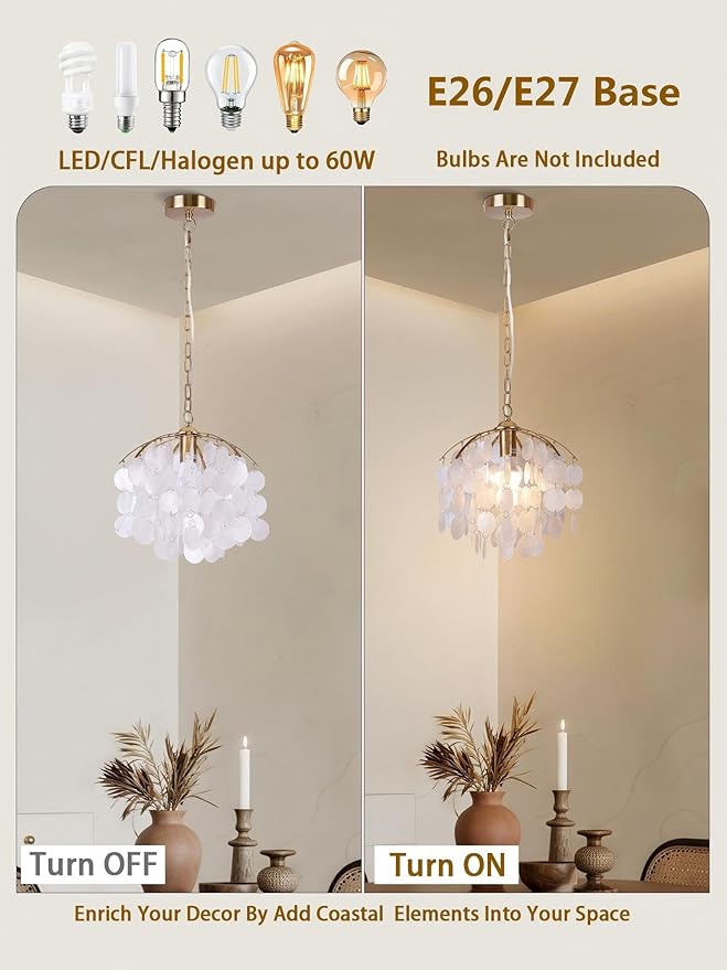 Capiz Shell Pendant Light, 12.6” Gold Coastal Hanging Chandelier, Adjustable Height up to 51”, E26 Hardwired Ceiling Light for Living Room, Dining Room, Bedroom, Entryway