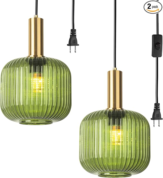 Plug in Pendant Light 2 Pack Green Glass Hanging Lamp Plug in Hanging Light Fixture with Cord 14.7 ft, Mid Century Modern Gold Pendant Lighting for Kitchen Island Dining Room Bedroom Set of 2