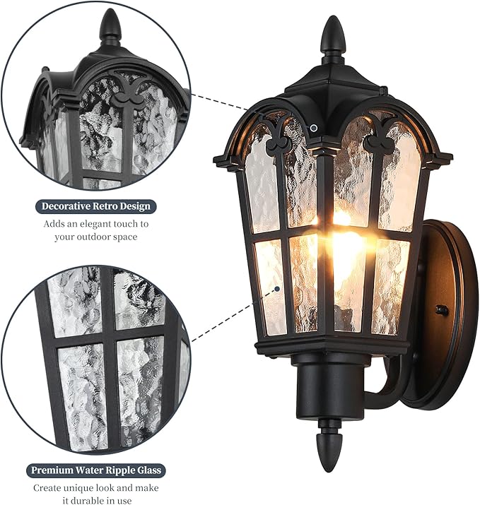 Sucolite Outdoor Wall Light Fixtures Wall Mounted, Exterior Waterproof Porch Lights Wall Lanterns, Outside Wall Sconces with Water Ripple Glass for House Front Door Garage, Retro Vintage Style, 2 Pack