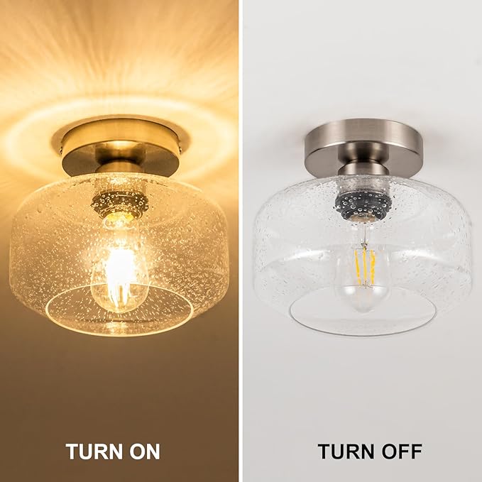 Tbaoinal Semi Flush Mount Ceiling Light Seeded Clear Glass Shade Matal Base Inclede LED Bulb, Low-Profile for Kitchen/Hallway/Entryway/Bathroom,Matte Silver