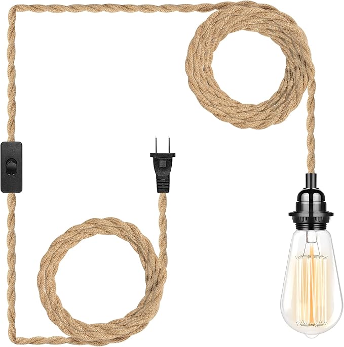HURYEE Plug in Hanging Light Fixture, 15FT Pendant Lamp Lights Cord with Switch Cord E26 Bulbs Socket, Industrial DIY Twisted Hemp Rope Overhead Lamps for Farmhouse Bedroom Home Lighting Decors