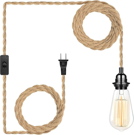 HURYEE Plug in Hanging Light Fixture, 15FT Pendant Lamp Lights Cord with Switch Cord E26 Bulbs Socket, Industrial DIY Twisted Hemp Rope Overhead Lamps for Farmhouse Bedroom Home Lighting Decors