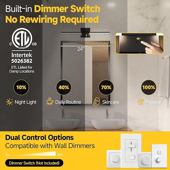 Vanity Lights 24 inch, 4-Level Brightness Built-in Dimmer, 14W Dimmable 5CCT Bathroom Light Fixtures Over Mirror, Black Vanity Lights for Bathroom Mirror Cabinets Bedroom-FCC & ETL Certified