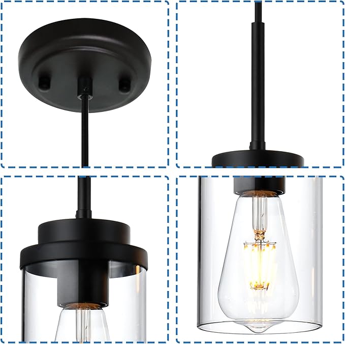 MELUCEE 2 Pack Pendant Lights for Kitchen Island Black Adjustable Hanging Ceiling Lamp with Clear Glass Shade, Industrial Glass Pendant Lights for Dining Table Hallway Bedroom Living Room
