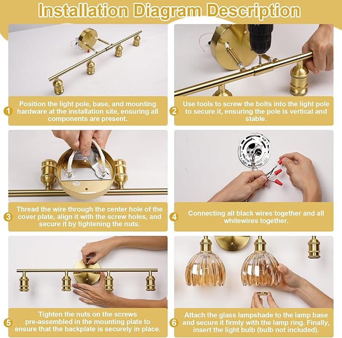 Vintage Bathroom Light Fixtures,4-Light Hardwired Vanity Lights with Clear Tulip Glass Shade,Gold Bathroom Vanity Light for Mirror Restroom,E26 Socket,25.2 in(Bulbs Not Included)