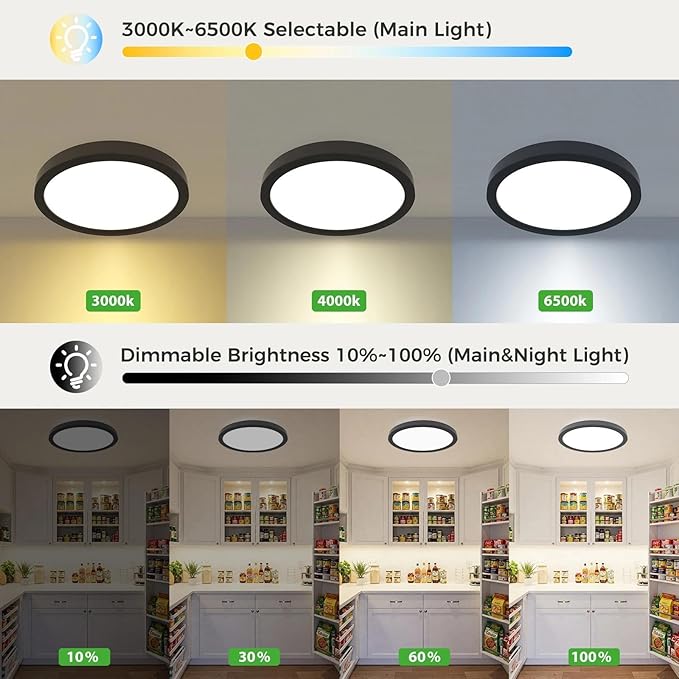 zemty 9 Inch LED Ceiling Light with Night Light 1800K, 2 Pack 3000K/4000K/6500K Dimmable Light Fixtures with Remote Control,15W 1500lm Flush Mount Ceiling Lamp for Bedroom Bathroom Kitchen-Black