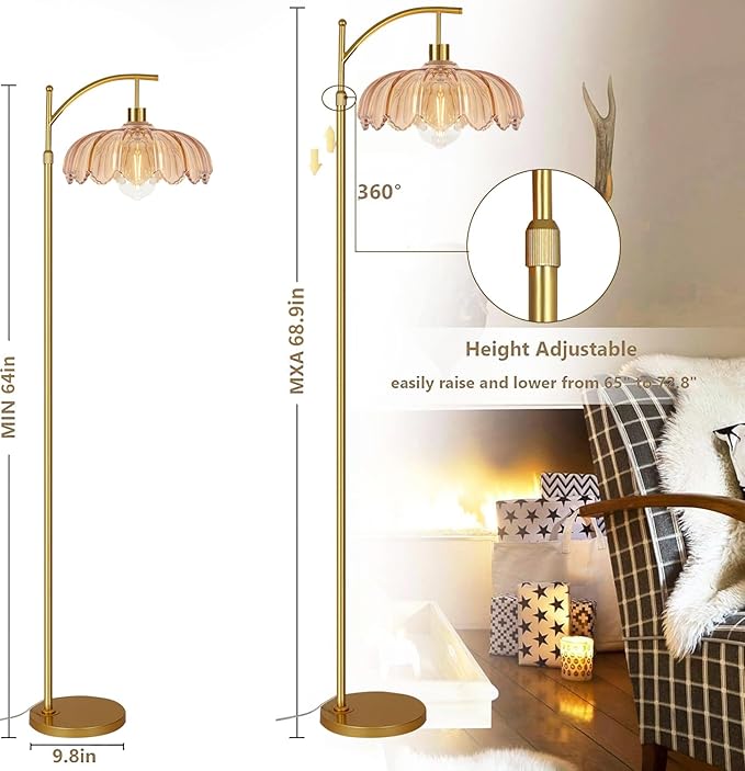 QIYIZM Floor Lamp for Living Room,Bedroom,Gold Dimmable Standing Lamp with Remote,Mid Century Modern Brass Tall Lamp Retro Vintage Green Glass Lamp Floor Light Boho Bohemian