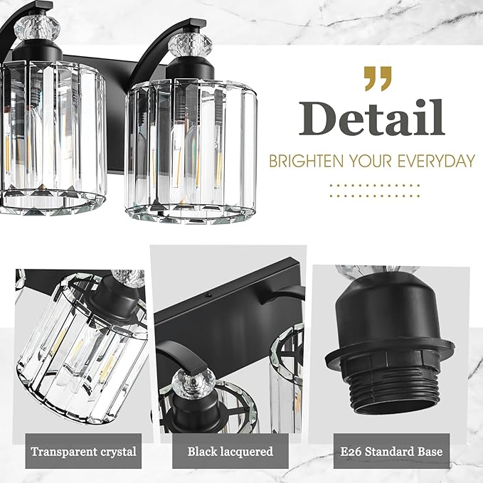 4-Light Black Bathroom Light Fixture Modern Vanity Lights Over Mirror Vintage Wall Sconce Lighting for Bathroom, Bedroom, Living Room, Hallway E26 Base with Crystal Bathroom Vanity Light