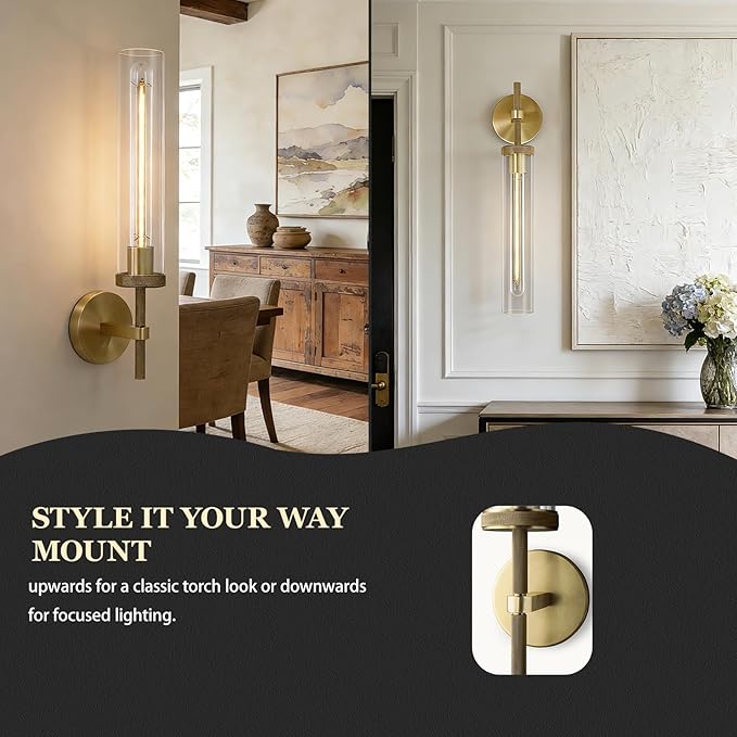 Brass Sconces Wall Lighting, 19" Tube Glass Gold Sconces, Bathroom Wall Sconces Lighting Vanity Lights Wall Lights for Living Room, Hallway, Fireplace, Staircase