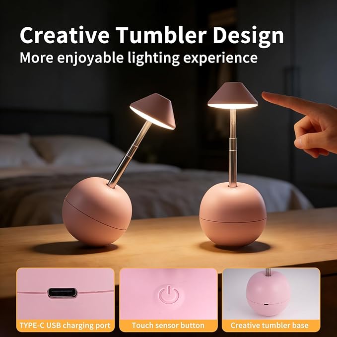 Rechargeable LED Table Light, Tumbler Cordless Table Lamp with 3 Colors & 7 RGB Stepless Dimmable Touch Control Lamps for Patio Restaurant Dining Home Bars (Pink)
