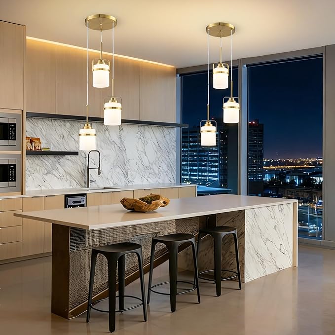 Brass 3-Light Pendant Lighting, Adjustable Cluster Hanging Light Fixture with Milk Glass Shade, Modern Pendant Light for Kitchen Island Dining Room Bar