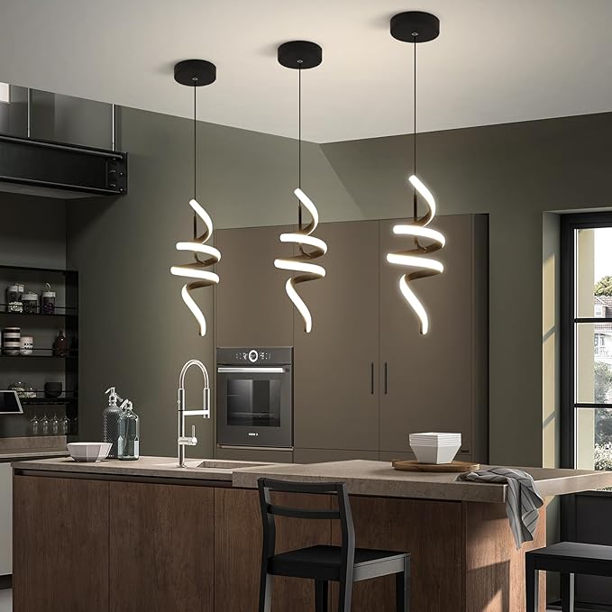 Modern Spiral LED Pendant Lights Kitchen Island, 22W Adjustable Height Hanging Light Fixture 5500K Black Chandelier for Dining Room Cafe Table, 3 Pack