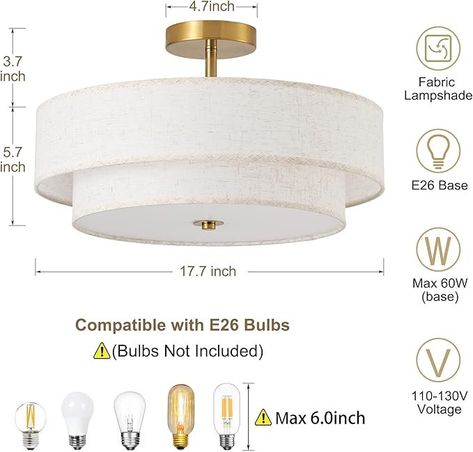 17.7" Semi Flush Mount Ceiling Light Fixtures, Gold Close to Ceiling Light Fixtures with 2-Tier Drum Fabric Lamp Shade, Modern Ceiling Light Fixtures Flush Mount for Bedroom Hallway Nursery