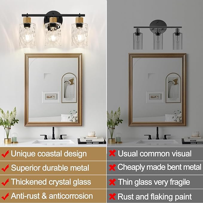 MOKATNG Bathroom Light Fixtures, 3-Light Coastal Vanity Lights with Crystal Glass Shade, Black Bathroom Wall Lamp for Mirror Kitchen Hallway Cabinet