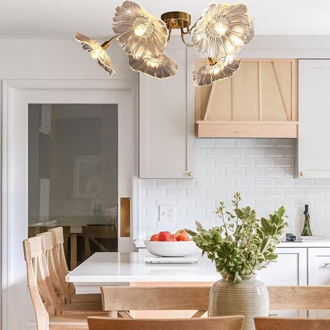 Mid Century Modern Flush Mount Ceiling Light Fixture 6 Lights Gold Brass Ceiling Lights with Clear Glass Flower Shade Sputnik Chandelier Dining Room Large Close to Lighting Fixtures