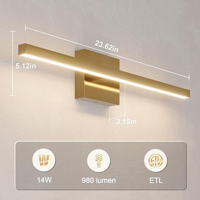 VOLISUN Modern Bathroom Vanity Light 24 inch, 14W Dimmable 5CCT Led Bathroom Light Fixture Over Mirror, Brass Bar Vanity Light for Bathrooms Mirror Cabinets Bedroom-ETL Certificated