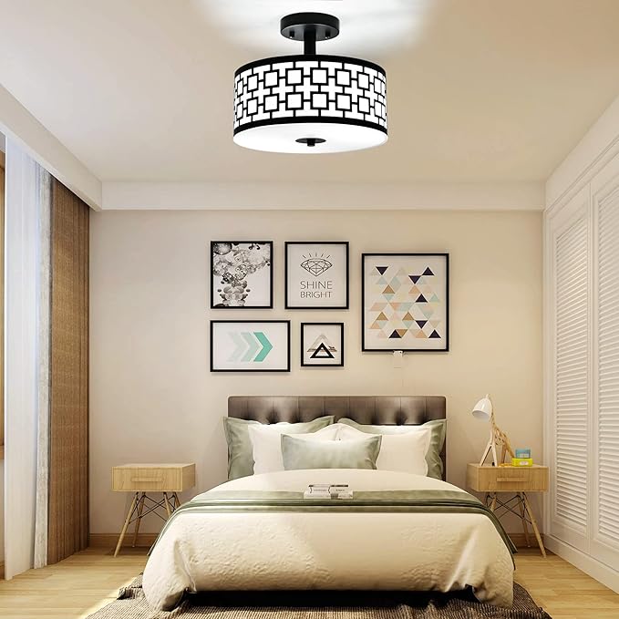Semi Flush Mount Ceiling LED Light Fixture Hanging with Drum Shade for Dining & Living Room Kitchen Office Shop Entryway & Hallway Modern Chandelier Lamp Brushed Chrome Finish E26 Base