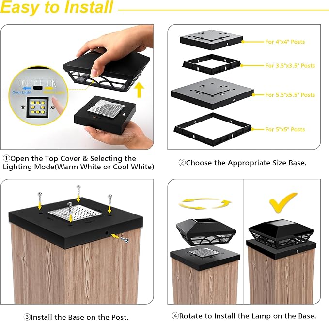 T-SUN Solar Post Cap Lights 12 Pack – Outdoor Waterproof Fence Lights for 3.5x3.5 4x4 5x5 5.5x5.5 Wood/Vinyl Posts, 2 Modes Warm White/White, Solar Deck Light for Patio, Garden, Porch (Black)