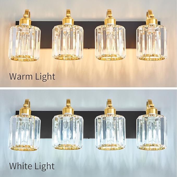 4 Light Crystal Vanity Lights for Bathroom, Modern Matte Black and Gold Wall Lighting Fixtures with Crystal Round Shade Over Mirror (Exclude Bulb)