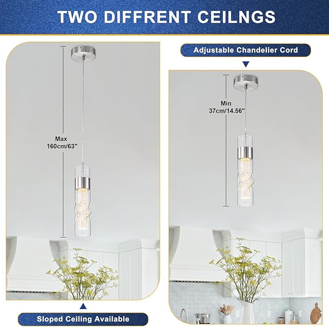 WILON Pendant Lights Kitchen Island, 9W Modern Kitchen Island Lights Brushed Nickel, Ceiling Lighting Fixtures with Crystal Bubble, Integrated LED Hanging Light for Dining Room Restaurant(1 Pack)
