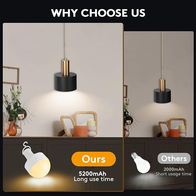 Battery Operated Pendant Light Set of 2, Black with Gold Battery Chandelier with 5200mah Rechargeable Remote Light Bulb, Hanging Island Light for Kitchen Bedroom Dinning Room